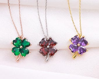 Four Leaf Clover Charm Pendant Silver Birthstone Necklace Gift for Mothers Day Green Clover Pendant Gold Clover Necklace Aquamarine Necklace