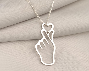 Sterling Silver Hand Heart Necklace – Korean Finger Heart Pendant – Kpop Inspired Minimalist Jewelry Gift