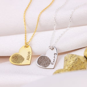 Colar com pingente de impressão digital em ouro maciço, colar com nome, colar de ouro personalizado para crianças, presente para mulheres, colar de coração gravado para a mãe