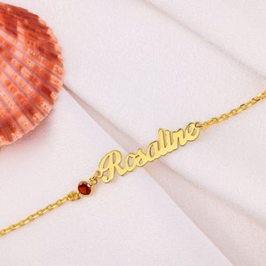 Solid Gold Birthstone Bracelet Custom Name Bracelet Gift For Mom Dainty Name Bracelet For Women Gold Name Bracelet Women Bracelet For Mom