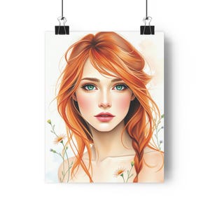 Ilustración digital de una mujer con cabello rojo suelto, ojos azules y un peinado trenzado, rodeada de pequeñas flores, póster de papel
