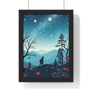 Illustration eines Wanderers zu Fuß auf dem Land und klaren Nachthimmel mit Sternen, vertikal gerahmtes Poster