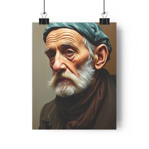 Una obra de arte detallada del retrato de un hombre mayor con barba y bigote blancos, que lleva una gorra de rayas y una bufanda marrón, póster de papel