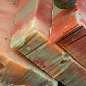 May include: Close-up of three bars of handmade soap. The soap is a mix of green, orange, and white. The soap is layered and has a marbled appearance.
