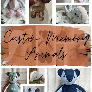 May include: A collage of various stuffed animals crafted from different fabrics, including elephants, a giraffe, a whale, and bears. The central text overlay reads Custom Memory Animals. The toys feature diverse patterns, colours, and textures.