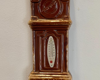 Reloj de pie de cerámica antiguo con termómetro, 25 cm de altura.