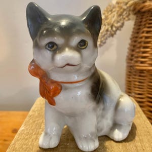Vintage Ceramic Cat Figurine, Cat with Red Bow Tie, Vintage Black and White Cat Figurine, Vintage Cat Statue, Cat Lovers Gift, Made in Japan