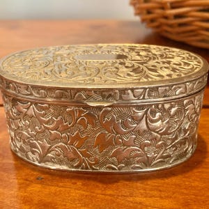 Vintage Silver Plated Trinket Box: Etched Jewelry Box, Red Velvet Lined