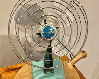 Vintage Eskimo Blue Metal Table Fan: 1960s McGraw Edison Oscillating Fan