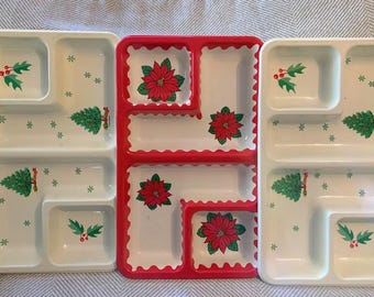 Vintage 1970s Christmas Plastic Divided Serving Trays - Lot of 3