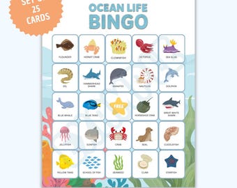 Karty bingo Ocean Life: 25 kart do gry o tematyce zwierząt (4 style)