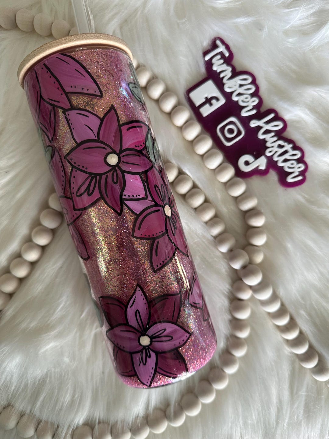 Pink Flowers Hand Painted Glass Tumbler - Etsy