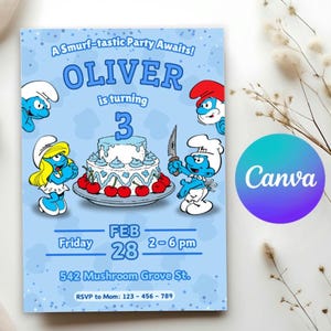 Modello modificabile di invito al compleanno dei Puffi, invito al compleanno modificabile su Canva, Puffetta, Puffo, festa di compleanno