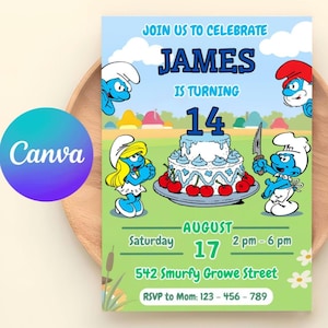 Modello di invito di compleanno modificabile Puffi, inviti per feste di compleanno stampabili, modello di invito per feste di compleanno digitali, invito per ragazzi e ragazze