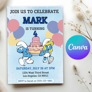 Schlümpfe Geburtstagseinladung Vorlage, Canva bearbeitbare Einladung, Schlumpf, Schlumpfine Schlümpfe Kind Geburtstag Party Einladung Canva