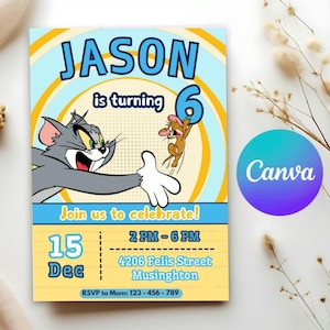 Tom und Jerry Geburtstagseinladung, Kinderparty einladen druckbare digitale, bearbeitbare Canva Vorlage einladen, Tom & Jerry Kid Boy Girl Party