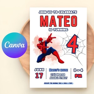 Modello modificabile di invito al compleanno dell' Spider , invito stampabile alla festa di compleanno, biglietto dell'Uomo Ragno