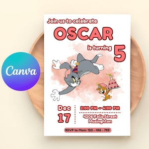 Invito di compleanno di Tom e Jerry, invito per festa per bambini, stampabile, modello Canva modificabile, invito per festa per bambini Tom e Jerry