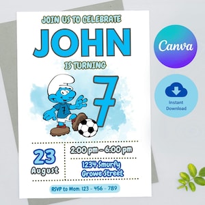 Modèle modifiable d'invitation d'anniversaire des Schtroumpfs, invitation d'anniversaire modifiable sur toile, Schtroumpfs football Anniversaire des Schtroumpfs garçons, invitation cadeau football