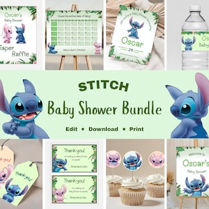 Lot de décorations pour baby shower Stitch | Invitation de point d'ange de fête prénatale | Invitation verte de baby shower d'Hawaï | Lot de points de révélation de genre numérique