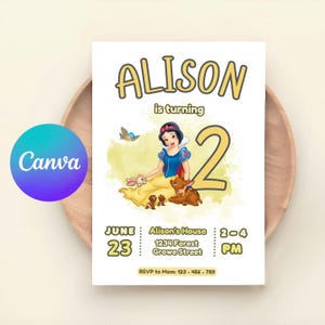 Schneewittchen-Einladung | Canva bearbeitbare Geburtstagseinladung | Prinzessin Schneewittchen | Mädchen-Geburtstags-Party Digital Printable einladen