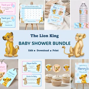 Pack baby shower Roi Lion | Faire-part de fête prénatale révélateur de sexe | Invitation de fête de naissance rose bleue | Lot numérique Baby Shower Roi Lion