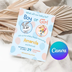 Invitación para baby shower de Looney Tunes / Plantilla imprimible para bebé niño / Invitación para baby shower de Bugs Bunny / Revelación de género digital de Lola Bunny en Canva