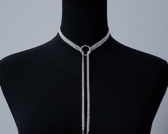 Fang Lariat Necklace | Stainless Steel or Gunmetal Chain | O-Ring Gothic Necklace with Spike Ends