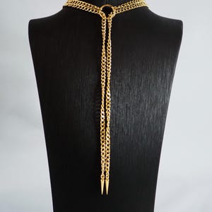 Gold Fang Lariat Necklace | 24k Gold Plated Curb Chain | O-Ring Gothic Spike Choker