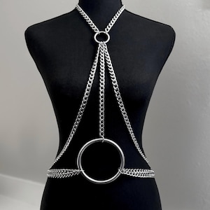 Stainless Steel O-Ring Body Chain Harness | Adjustable Chain Body Jewelry with Waist and Chest Detail