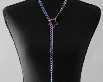 Rainbow Star or Heart Slip Chain | Stainless Steel Lariat Necklace | Cuban Chain Collar