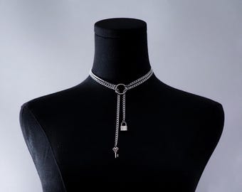 Schloss & Schlüssel Lariat Halskette | Asymmetrische Edelstahl-Halskette | O-Ring Romantisches Geschenk
