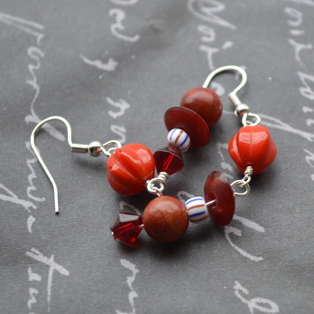 Red Fluted Round, Coral Dangling Earrings - Etsy