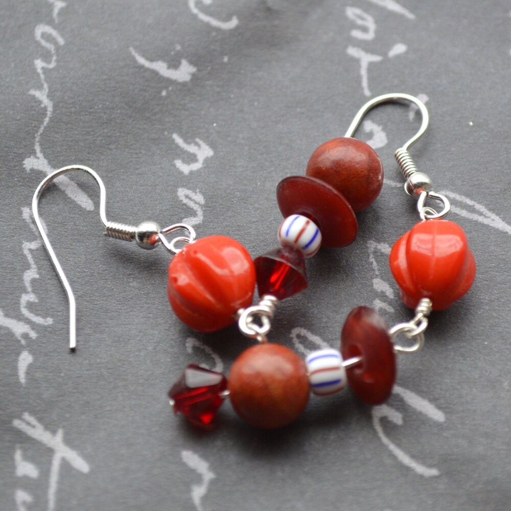 Red Fluted Round, Coral Dangling Earrings - Etsy