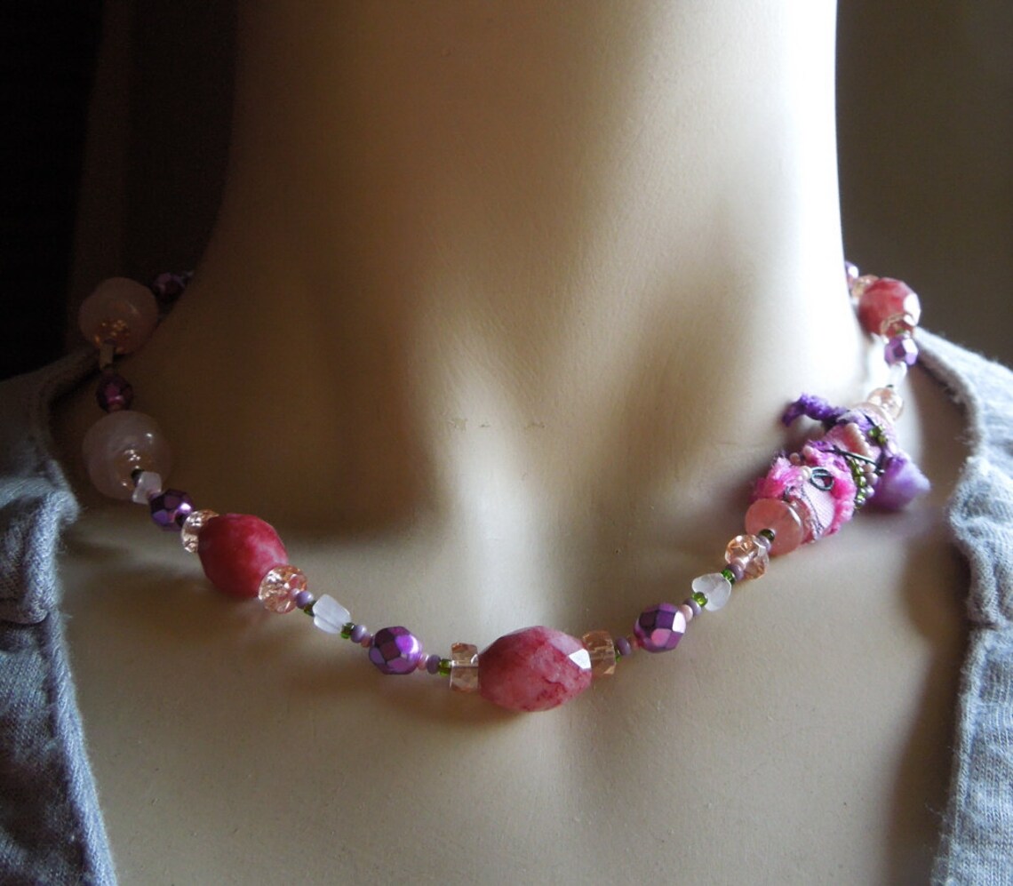 Pink Fabric Bead Necklace With Rose Quartz Swaroski and Etsy