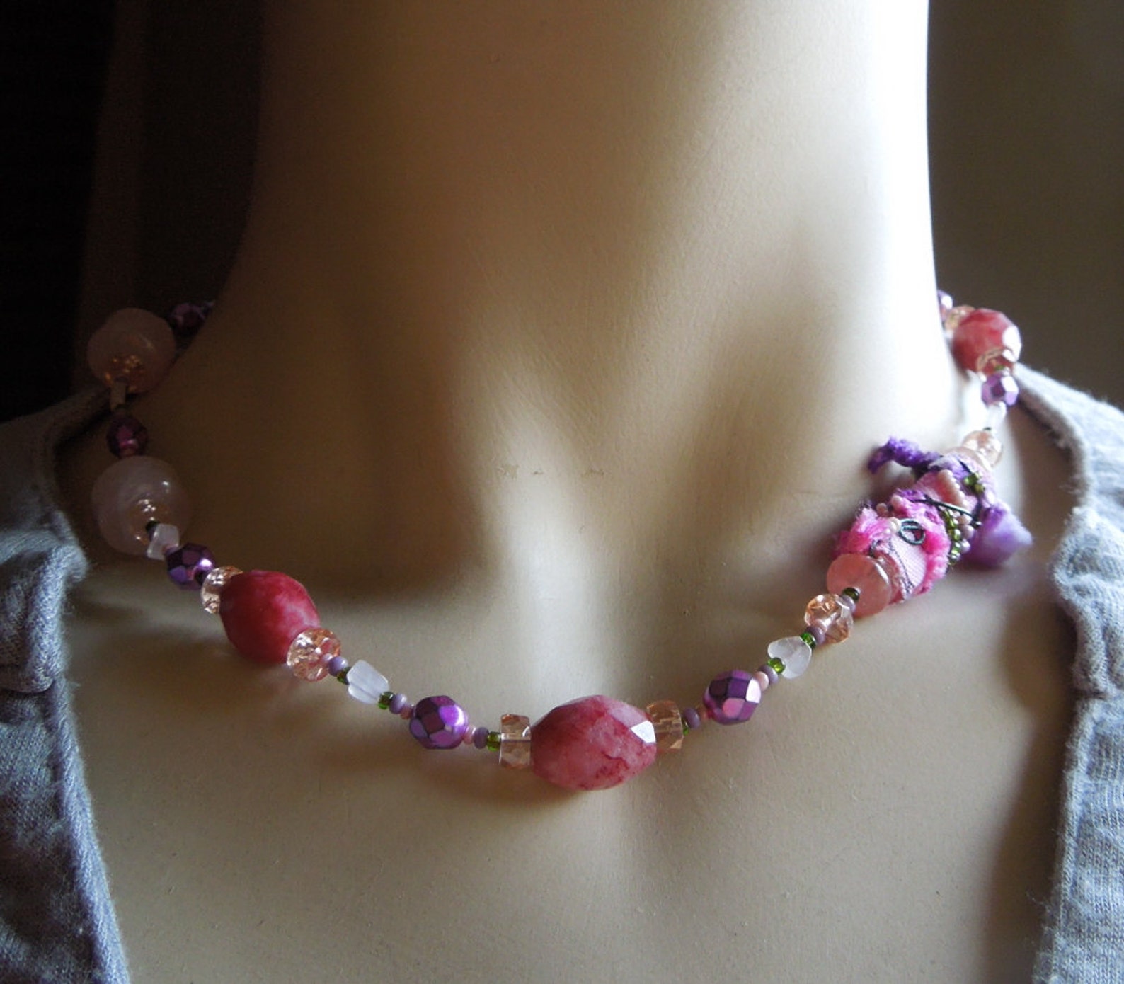 Pink Fabric Bead Necklace With Rose Quartz Swaroski and Etsy