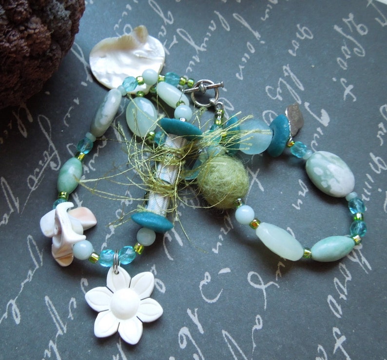 Various Shades of Green and Blue Necklace With Green Fabric Bead - Etsy