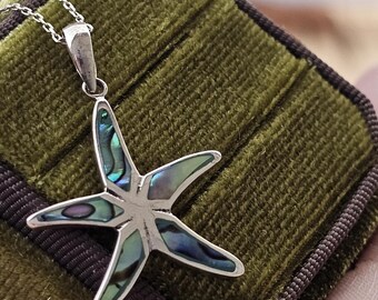 Abalone Shell Starfish Silver Necklace, Colorful Starfish Necklace, Paua Shell Silver Inlay Necklace, Beach Pendant, Gift for Christmas, Sea