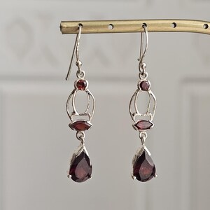 Garnet Silver Drop Earrings – Handmade 925 Gift for Her – January Birthstone Jewelry – Elegant Red Gem Dangle – Feminine Luxury Accessory
