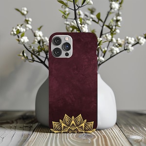 Coque de portable bordeaux Coque de portable mandala dorée pour iPhone, Samsung et Google Pixel, coque de téléphone bordeaux pour styliste