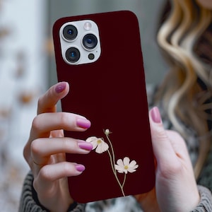Coque de portable bordeaux Coque élégante bordeaux et fleurs blanches sauvages pour iPhone, Samsung Galaxy et Google Pixel Coque de portable élégante