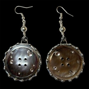 Soft Solder Mother of Pearl Button Dangle Earrings in Silver