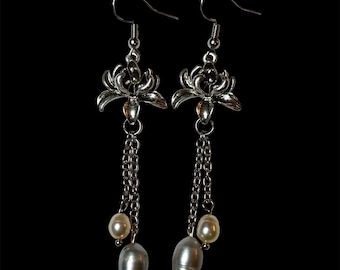 Freshwater Pearl Lotus Earrings in Silver