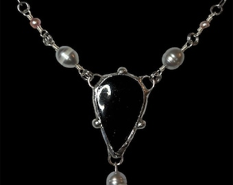 Soft Solder Black Tourmaline Necklace with Pearl Accents in Silver