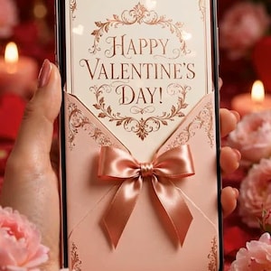 May include: A smartphone screen displaying a digital graphic of a pale pink envelope with ornate rose gold filigree borders and a central rose gold satin bow. The text Happy VALENTINE'S DAY! is printed in elegant rose gold lettering.