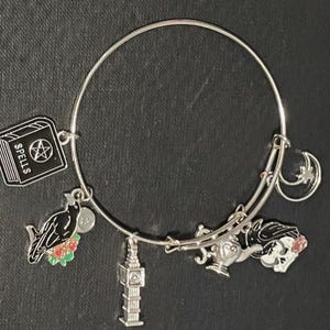 May include: A silver charm bracelet with multiple charms, including a book with the word "SPELLS" on it, a black crow, a small clock tower, a crescent moon, and a black and white cat with a skull and crossbones.