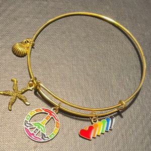 Puede incluir: Un brazalete de oro con un dije de signo de paz, un dije de estrella de mar, un dije de concha marina y un dije de corazón arcoíris.