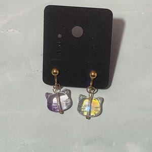 Iridescent Glass Cat Head Clip On Earrings