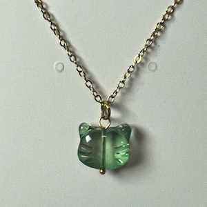 Green Glass Cat Head Necklace - Gold