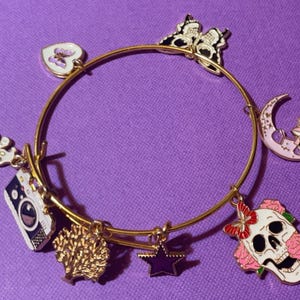 May include: A gold charm bracelet with various charms, including a camera, a skull with flowers, a butterfly, a crescent moon, a star, a tree, and a heart.